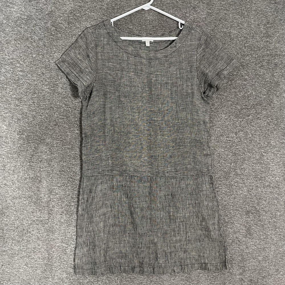 Garnet Hill Dress Womens 6 Gray Stripe Linen Shift Short Sleeve Casual Summer